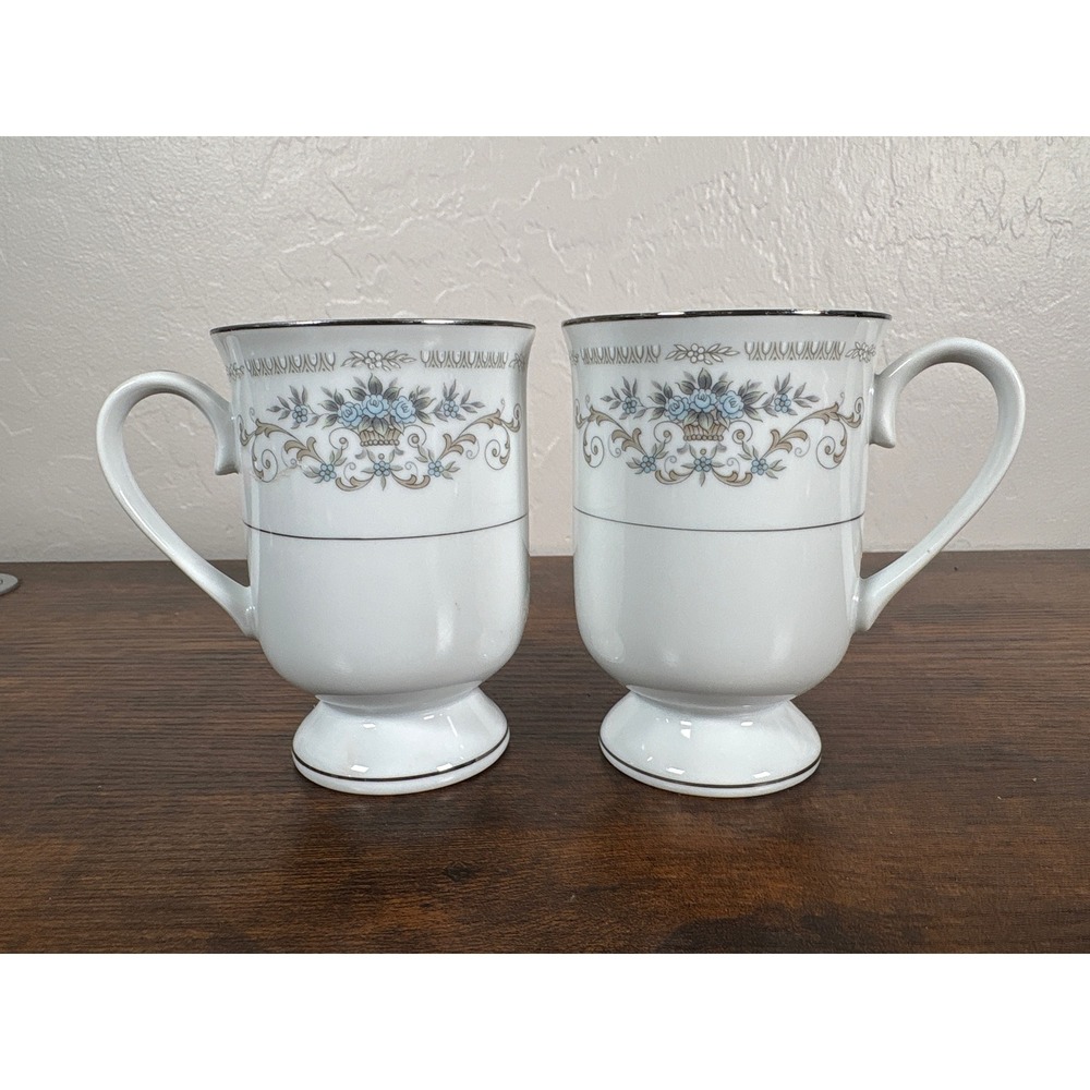 Diane Japan Fine Porcelain China Footed Coffee Mugs Set of 2 Blue Floral Silver